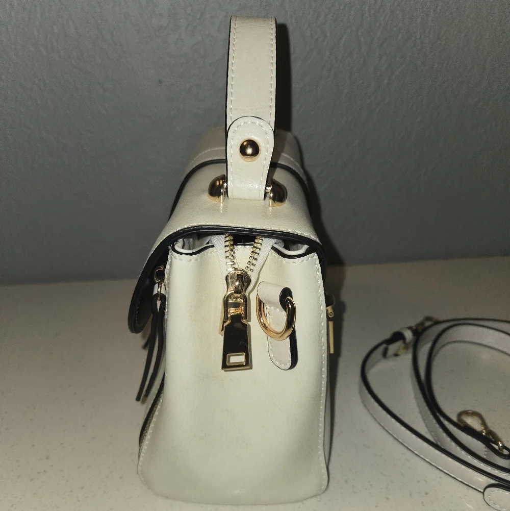 White Top-Handle Crossbody Bag with Gold Hardware - Picture 4 of 11